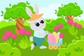 A cartoon-style scene of the Easter Bunny carrying decorative eggs in a cart to a meadow among bushes, flowers, and trees. Royalty Free Stock Photo