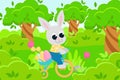 A cartoon-style scene of the Easter Bunny riding a bicycle and carrying decorative eggs in a basket . Royalty Free Stock Photo