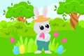 A cartoon-style scene of the Easter Bunny standing in a meadow among bushes, flowers and trees. Royalty Free Stock Photo