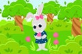 A cartoon-style scene of the Easter Bunny standing in a meadow among bushes, flowers and trees. Royalty Free Stock Photo