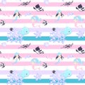 Cartoon style sea life seamless tile pattern. Kid`s Vector wallpaper with pink blue baby girl mermaids, whale, star fish. Marine t Royalty Free Stock Photo