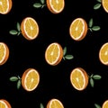 Cartoon style seamless pattern with Fortunella or Kumquat or orange exotic fruits and leafs on black background for