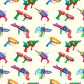 Cartoon style seamless pattern of kids colorful blasters