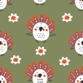 Cartoon style seamless pattern with turkeys and flowers. Perfect for T-shirt, postcard, textile and print. Royalty Free Stock Photo