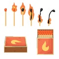 A cartoon style set of burning matches and matchbox. Matchsticks and matchbook collection.