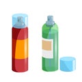 Cartoon style simple gradient hair spray fixation icon set. Closed red bottle with transparent cap and opened green one. Hair care