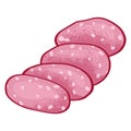 Cartoon style sliced salami pieces. Pink salami with fat spots, food illustration. Delicatessen sliced meat, vector