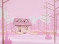 Cartoon style small house In a pink forest 3d render
