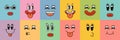 Cartoon style smiley character face set on square colorful stickers. Different emotions emoji collection. Cute funny Royalty Free Stock Photo