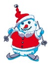 Cartoon style smiling snowman dressed as Santa Claus