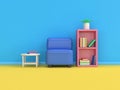 Cartoon style sofa bookshelf minimal 3d render blue wall yellow floor scene,education concept
