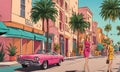 Cartoon-style street scene with iconic flair