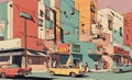 Cartoon-style street scene with iconic flair