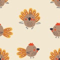 Cartoon style Thanksgiving seamless pattern with turkeys and roosters. Perfect for T-shirt, postcard, textile and print. Royalty Free Stock Photo