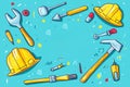 Cartoon Style Tools Spanner, Hammer, Hard Hat, Paint Brush, Various Tools Royalty Free Stock Photo