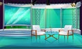 Cartoon style TV show studio with two chairs and table, interior stage, with two chair and news screen