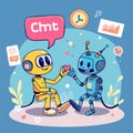 Cartoon-style, whimsical depiction of chatgpt and openai as people conversing and discovering the potential of language and a