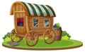 A wooden wagon with green striped awning