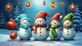 Cartoon style yuletide artwork cute snowmen and ornaments.
