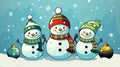 Cartoon style Yuletide artwork cute snowmen and ornaments.