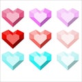 Stylized hearts diamonds, precious stones of different colors and shades on a blue background