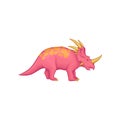 Cartoon styracosaurus dinosaur. Pink prehistoric creature with long tail, orange spots on back, horns on neck, cheeks