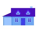 Cartoon suburban house with blue walls and purple roof, garage door. Home exterior design, family house vector