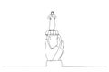 Cartoon of success arab businessman holding winner flag on small store in giant hand. Metaphor for small business idea, successful