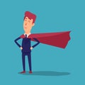 Cartoon successful businesman superhero in suit and cape. Young office superman manager in flat style. Professional Royalty Free Stock Photo