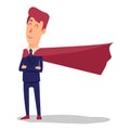 Cartoon successful businesman superhero in suit and cape. Young office superman manager in flat style. Professional