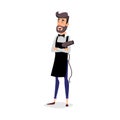 Cartoon successful hairdresser in an apron with a hair dryer in hand. Young A stylish hairdresser with a beard