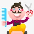 Cartoon Successful Hairdresser In An Apron With A Scissors In Hand. Young Stylish Hairdresser . Professional Fashion Stylist