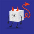 Cartoon sugar cube devil get angry. The concept of a character unhealthy and nutritional. Sweet food harms and threatens human