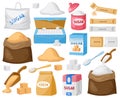 Cartoon sugar. Cube sugar, granulated and crystalline sugar, sugar in canvas bags and carton packages vector