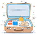 Cartoon suitcase open with a hat a snack and some travel cards on the inside Royalty Free Stock Photo