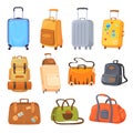 Cartoon suitcase wheels and bags. Tourist trip package, travel luggage types handle backpack plastic trolley knapsack