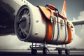 Cartoon Suitcases in airport airplane in background, summer vacation concept, traveler suitcases funny concept