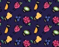 Cartoon summer animals and fruit seamless cats and strawberry and lemon and pears and kiwi pattern