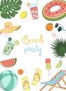 Cartoon summer beach party invitation card design template Royalty Free Stock Photo
