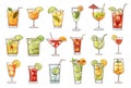 Cartoon summer cocktails, alcohol or nonalcohol refreshment drinks with straw lemon mint lime ice cocktail party bar Royalty Free Stock Photo