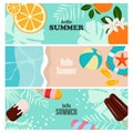 Cartoon summer elements, item or sign travel, beach, card, and summertime accessory. Cocktails, ice cream, and exotic fruits Royalty Free Stock Photo