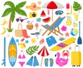 Cartoon summer elements, travel, beach, summertime accessory. Cocktails, ice cream and exotic fruits vector illustration set. Palm Royalty Free Stock Photo