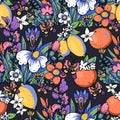 Cartoon summer flowers with fruit seamless pattern, bold modern floral texture