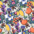 Cartoon summer flowers with fruit seamless pattern, bold modern floral texture
