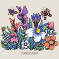 Cartoon summer flowers, modern blooming floral greeting card