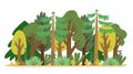 Cartoon summer forest trees, bushes and grass vector illustration. Royalty Free Stock Photo