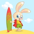 Cartoon summer holiday background with rabbit surfer. Vector illustration
