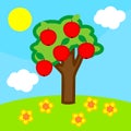 Cartoon summer landscape with apple tree with ripe red fruits Royalty Free Stock Photo