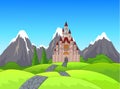 Cartoon Summer landscape with green grass, road and castle Royalty Free Stock Photo