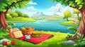 Cartoon summer landscape with outdoor lunch and relax concept with wicker basket with food, red blanket on green grass Royalty Free Stock Photo